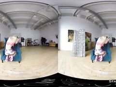 Lovely blonde amateur with natural tits stripping in VR