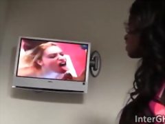 Beautiful ebony babe Jezabel Vessir blowing big white cock